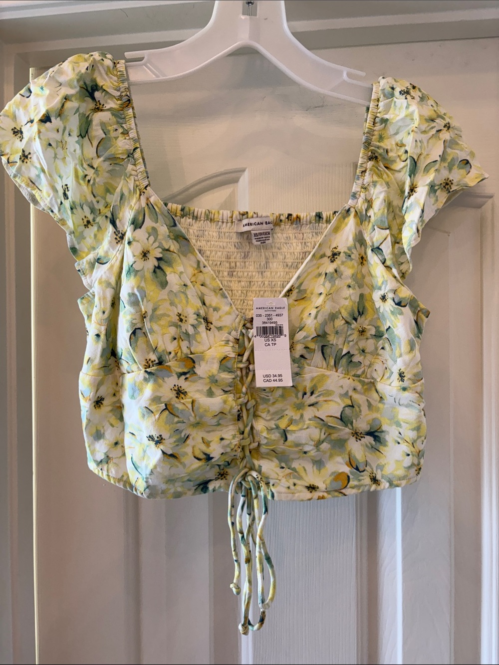 NWT American Eagle Outfitters Yellow Floral Lace-Up Crop Top Size XS